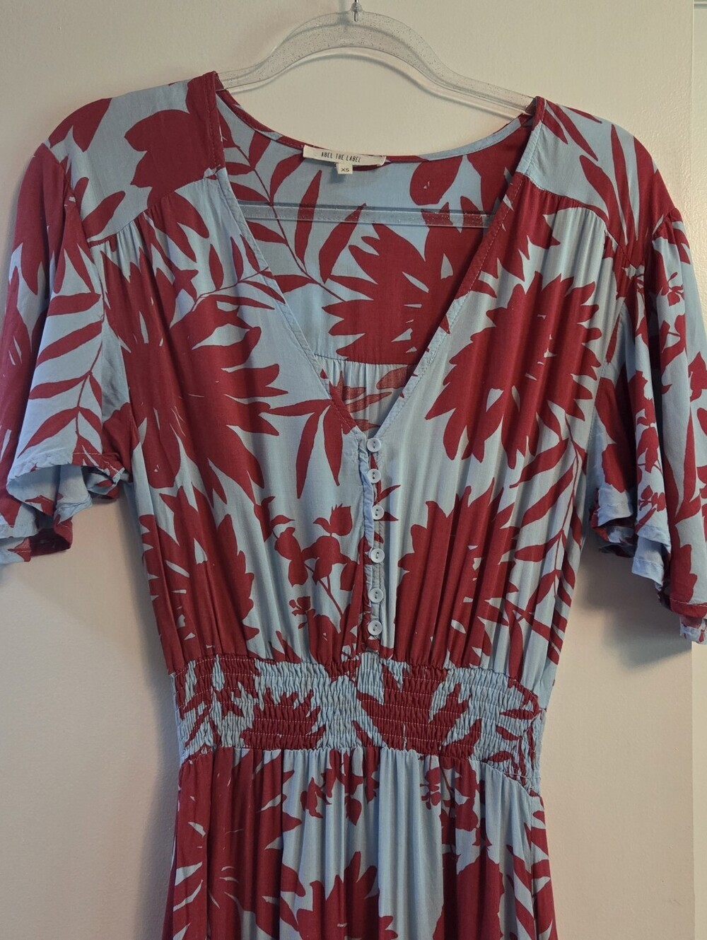 ABEL THE LABEL Anthropologie Tropical Floral High Low Maxi Dress Blue Red X S - Picture 3 of 7